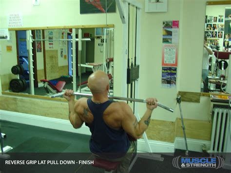 Both a row and reverse fly exercise will help to strengthen the back and create a similar motion as the lat pulldown machine. Reverse Grip Lat Pull Down Video Exercise Guide & Tips ...