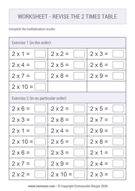 Worksheet to print - Revise the 2 times Table | Memozor