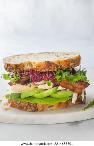 Close Turkey Bacon Club Sandwich Cranberry Stock Photo
