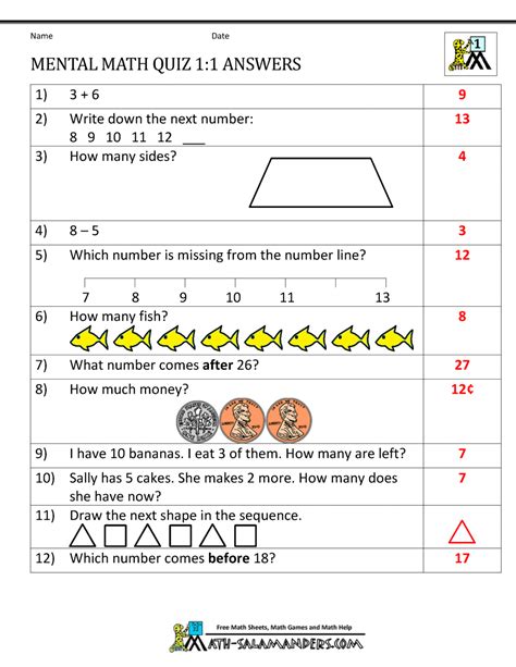 Download in pdf free by clicking on links below First Grade Mental Math Worksheets