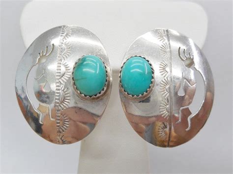 Vintage Genuine Sterling Silver Cabochon Turquoise Kokopelli Post