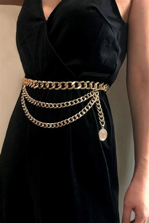 Chain Belt In 2021 Black And Gold Outfit Chain Dress Jeans Dress