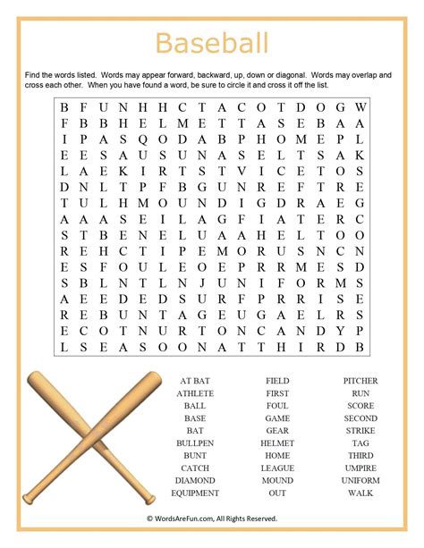Baseball Word Search Puzzle Handout Fun Activity Word Search Puzzle