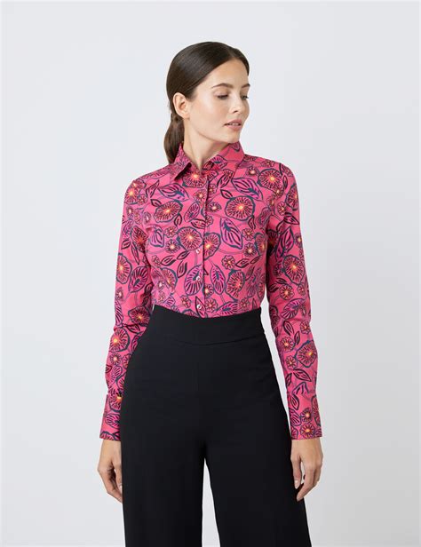 Cotton Stretch Womens Fitted Shirt With Floral Print And Single Cuff
