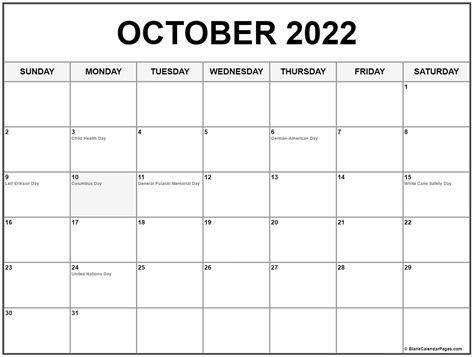 October 2022 With Holidays Calendar