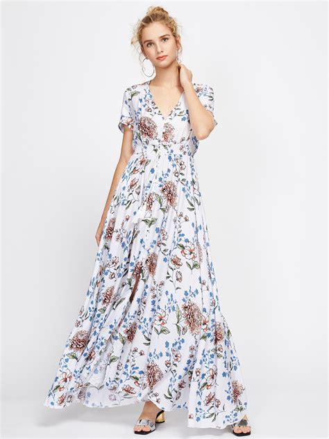 Floral Print Drawstring Waist Maxi Dress With Fringe Sheinsheinside