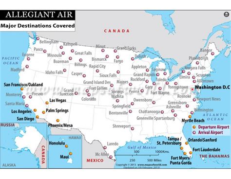 Buy Printed Allegiant Airlines Major Destinations Map