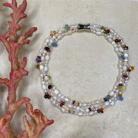 3 Strand White Pearl And Multi Coloured Crystal Necklace The Real