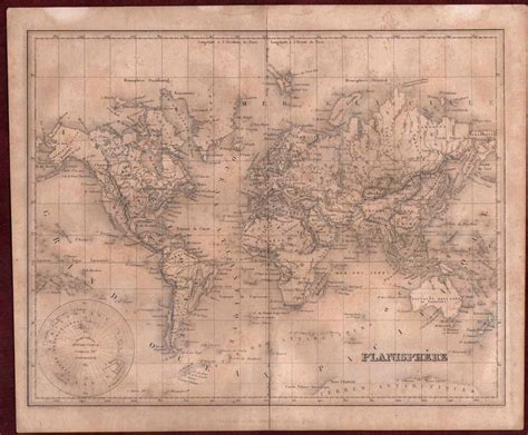 Old Map Planisphere Steel Engraving 19th Century Renouard World Map