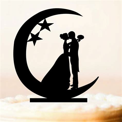 Moon And Stars Wedding Cake Topper Bride And Groom Kissing Silhouette