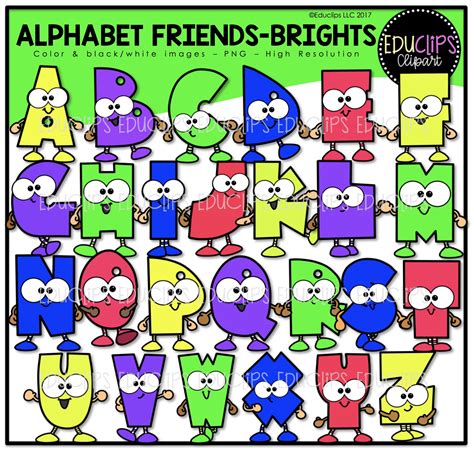 Alphabet Friends Brights Clip Art Bundle Color And Bandw Edu Clips