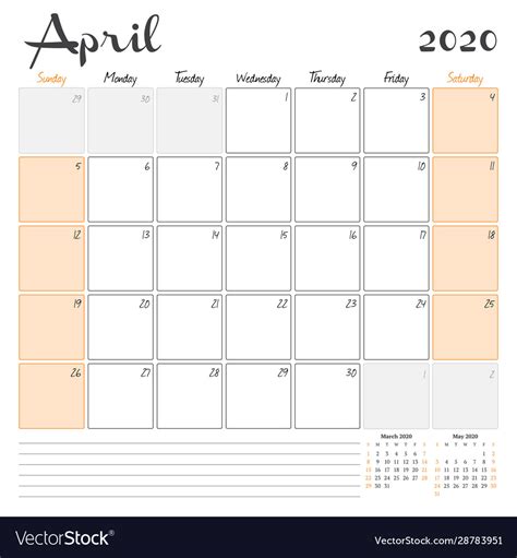 April 2020 Monthly Calendar Planner Printable Vector Image