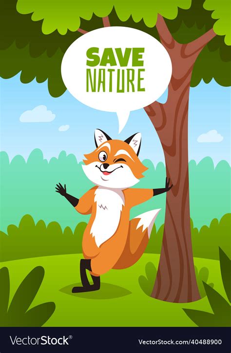 Fox In Forest Poster Save Nature Slogan Royalty Free Vector