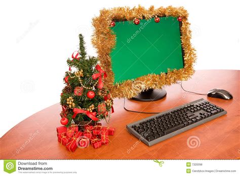 Dial up holiday cheer at home with christmas decorations. Office Desk With Christmas Decoration Stock Photo - Image ...