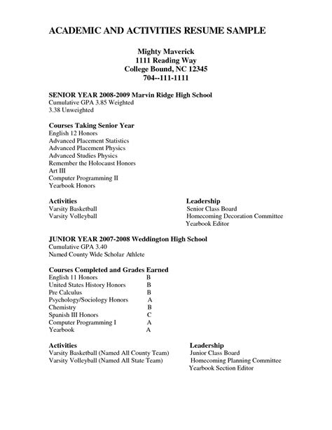 College Resume Samples For High School Senior High School Resume