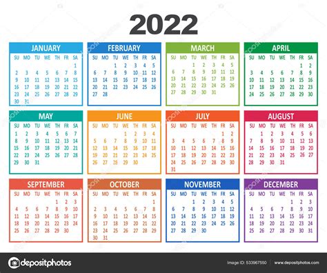 2022 Anno Calendario Settimana Inizia Modello Domenica Illustrazione