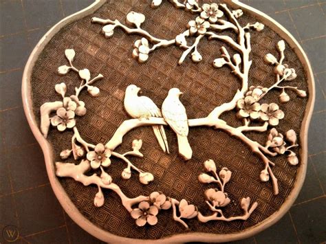 Vintage Ivory Dynasty Jewelry Trinket Box Carved Resin Felt Lined