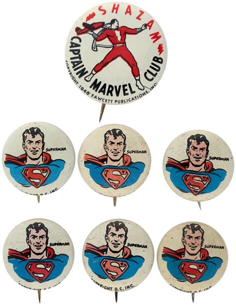 Hakes Captain Marvel 1948 Club Button And 6 Superman Buttons From