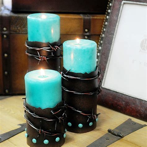 Barbwire And Turquoise Pillar Candle Holder Set Of 3 Hiend Accents