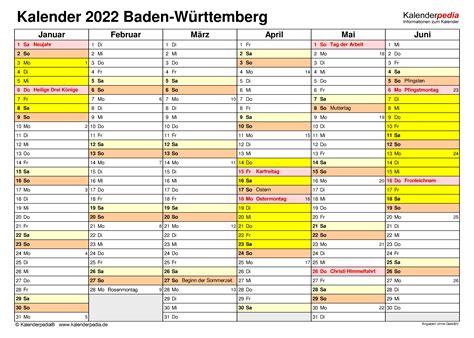 Kalender 2022 Baden-Württemberg: Ferien, Feiertage, PDF-Vorlagen