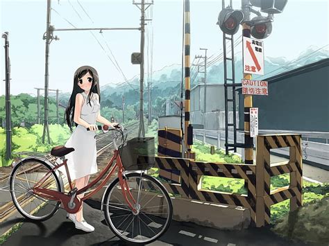 Hd Wallpaper Girl Holding Red Dutch Bike Anime Illustration City