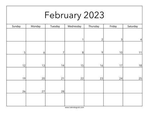 Printable February 2023 Calendar Template Free Sunday To Saturday