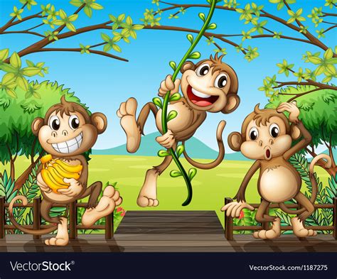 Three Monkeys At The Wooden Bridge Royalty Free Vector Image