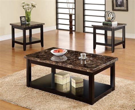 3pc Lawndale Faux Marble Top Solid Wood Black Finish Coffee Table Set