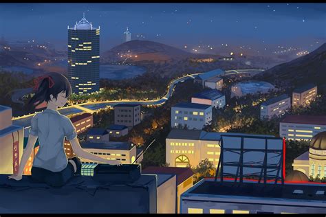 Night Building Rooftops Anime Girls City Lights Wallpaper Anime