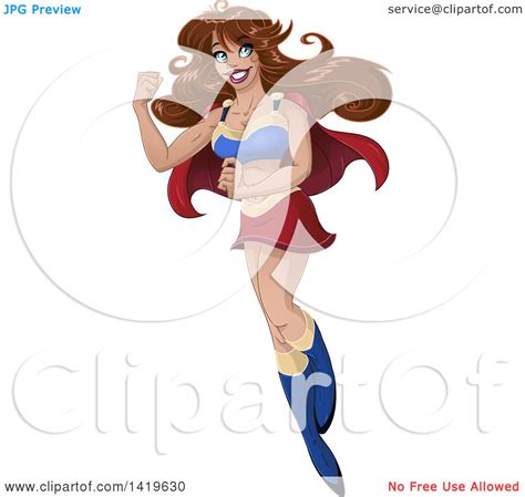 Clipart Of A Brunette Super Woman Flying And Flexing Her Strong Arm