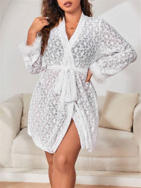 Plus Fuzzy Cuff Belted Lace Robe Without Lingerie Set Shein Usa