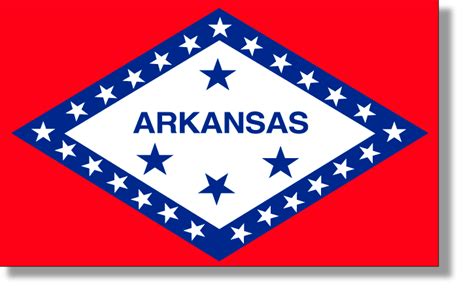 The arkansas flag features a red background with a large white diamond in the center surrounded by a thick blue border. State Flag Descriptions