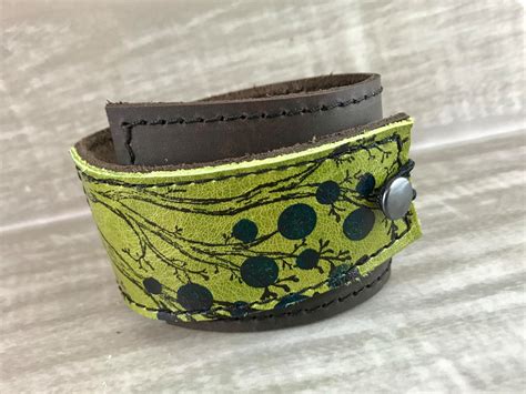 Leather Cuff Wrap Bracelet Twiggy Print Green Adjustable Size Etsy