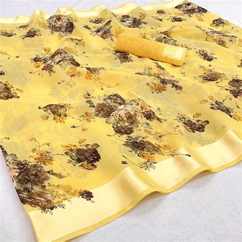 bright yellow floral printed linen saree