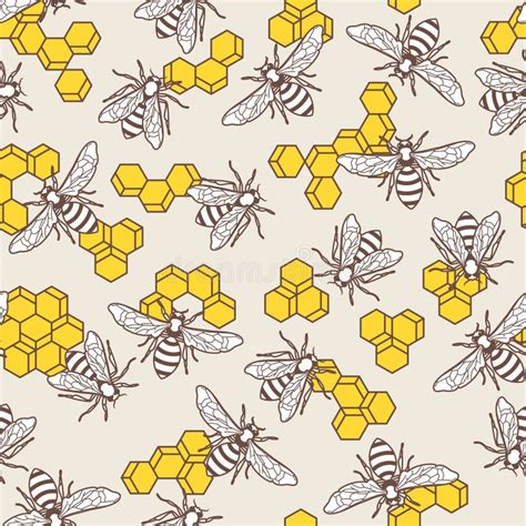 Vector Seamless Pattern With Linear Bee And Yellow Honeycombs Organic