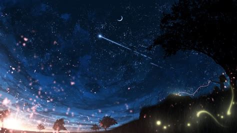 Wallpaper Anime Landscape Crescent Night Falling Star Anime Girl
