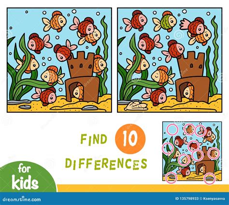 Find Differences Education Game Ten Fish Stock Vector Illustration