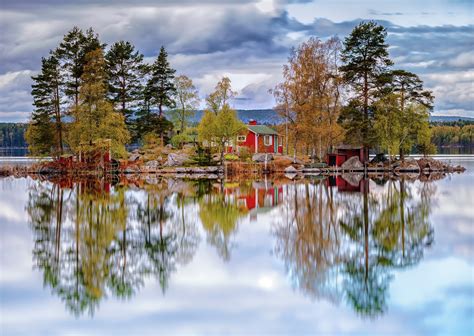 Landscape Sky Clouds Trees Forest Lake Water Reflection House