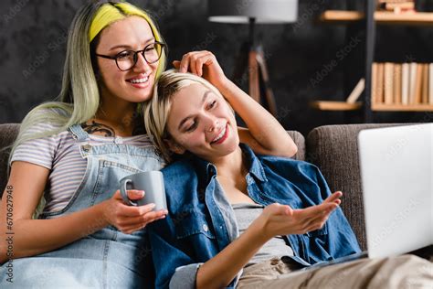Lesbian Couple Young Female Lgbtq Couple Laughing Smiling While