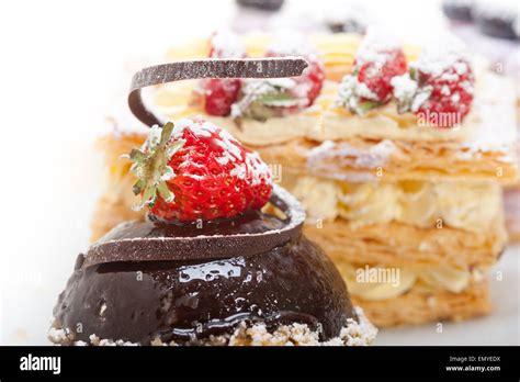 Selection Of Fresh Cream Napoleon And Chocolate Mousse Cake Dessert