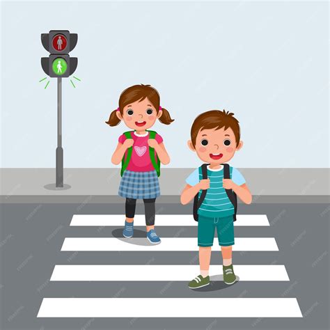 Premium Vector School Kids With Backpack Walking Crossing Road Near