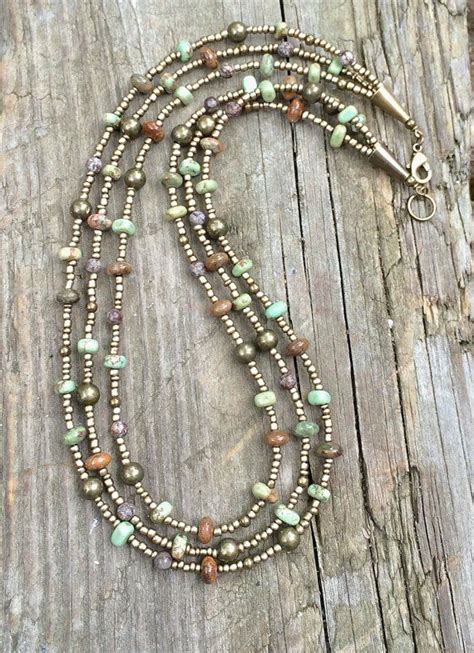 Multi Strand Turquoise Necklace Hand Beaded Necklace Earthy Jewelry