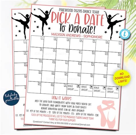 Editable Dance Pick A Date To Donate Printable Girls Dance Fundraiser