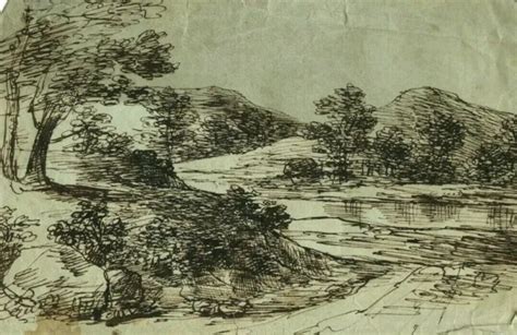 Antique Old Ink Drawing Original 19th Century Mountain Trees Landscape