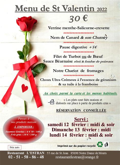 Menu Saint Valentin Restaurant L Estran