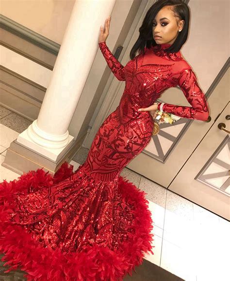 2019 Red Long Sleeve Mermaid Prom Dresses With Featherssweep Train High Neck Elegant Black