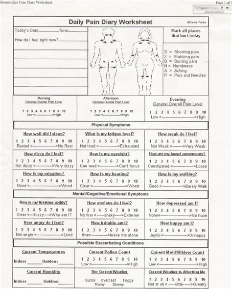 Track Your Pain Journey Daily Diary Worksheet
