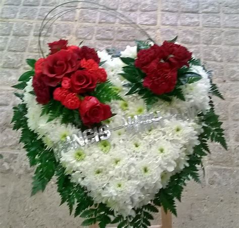 White Based Heart Funeral Wreath With Red Roses Funeral Flowers