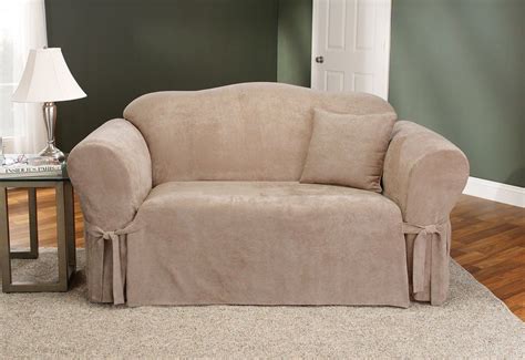 Sofa covers generally come in two designs: Soft Suede One Piece Loveseat Slipcover | Form Fit ...