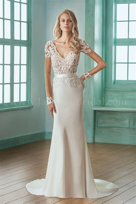 Simply stated, this wedding gown from martina. F201003 Illusion Bodice , V-neck Lace & Crepe Wedding ...